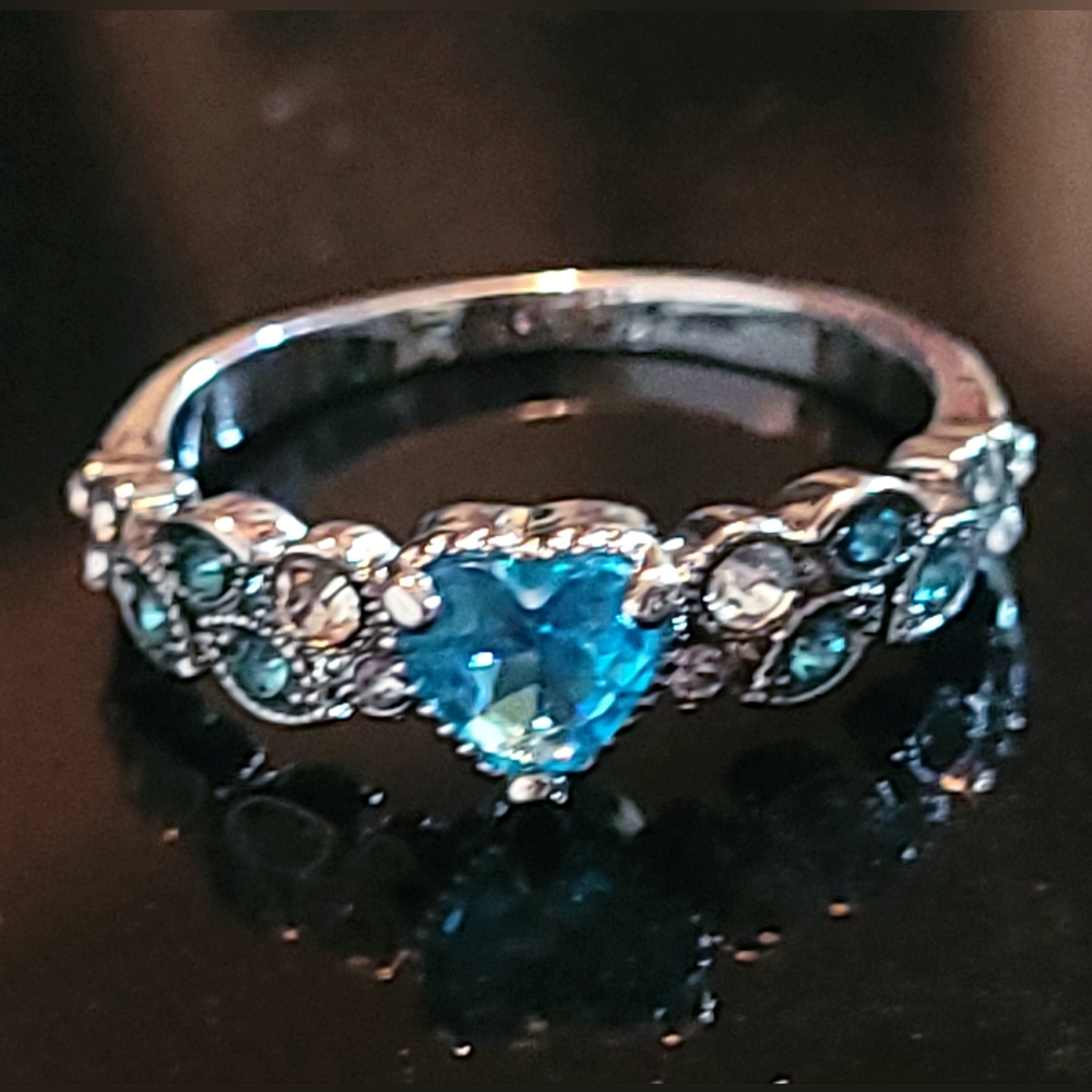 Silver Heart & Vine Ring with Aquamarine & Clear Stones